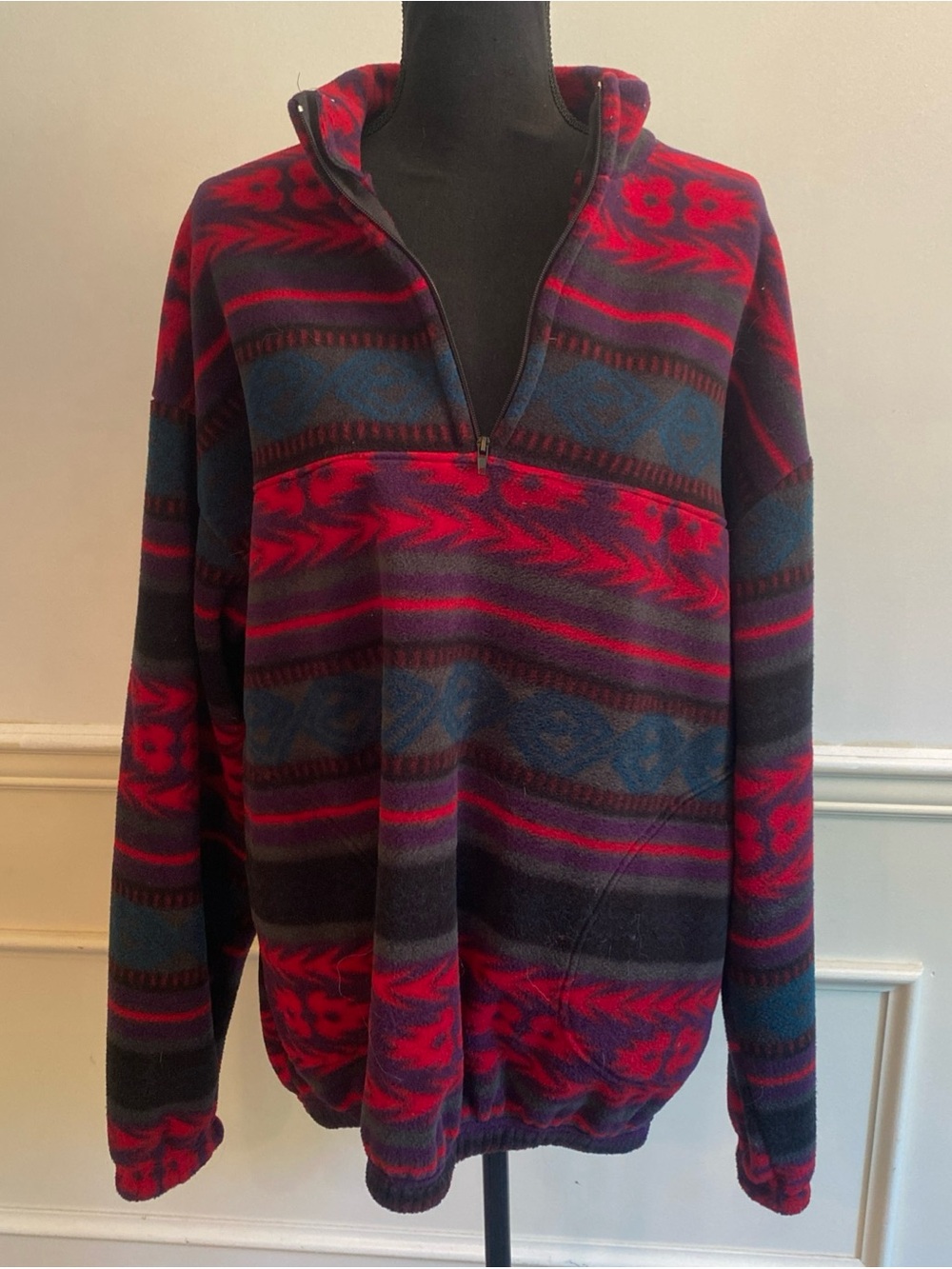 Men's quarter-Zip Aztec Southwest Patterned Fleece Pullover - Red & Navy USA